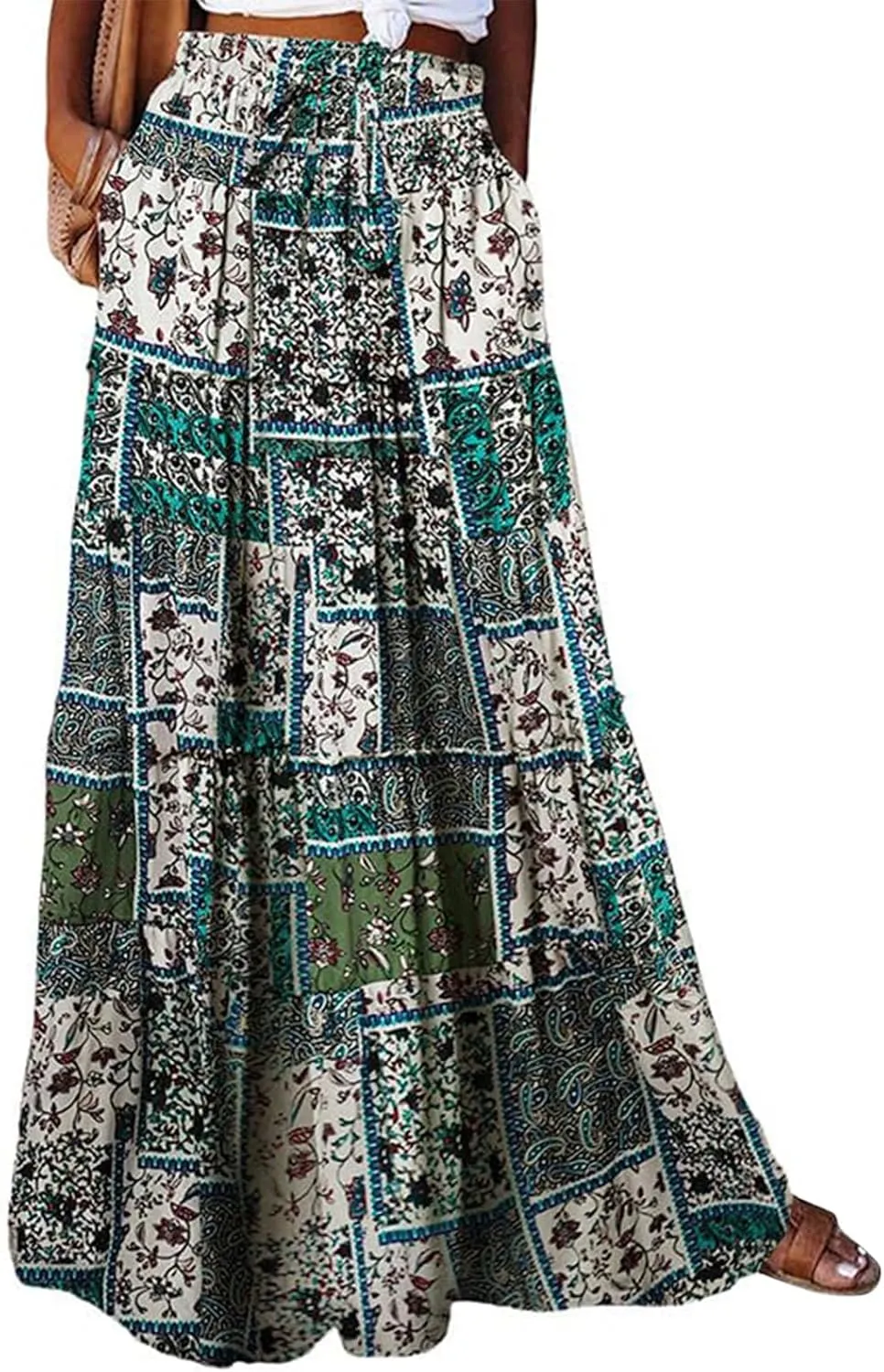 Boho Maxi Skirts for Women 2025 Casual Bohemian Tiered Long Pleated Skirt Hippie High Waisted Aline Beach Flowy Skirt