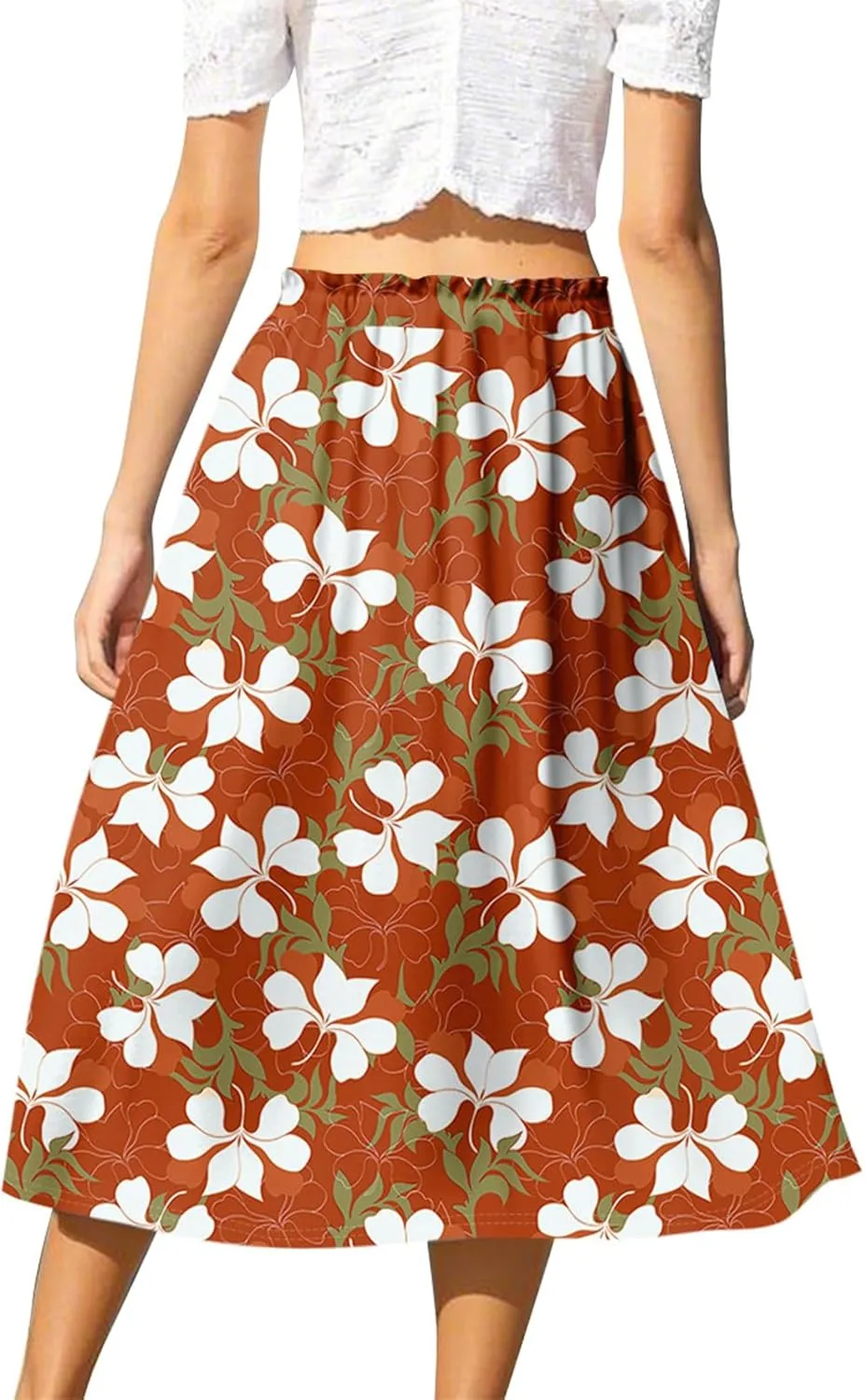 Boho Midi Skirts for Women Summer Drawstring High Waisted Knee Length Skirts A-Line Floral Print Flowy Beach Skirt