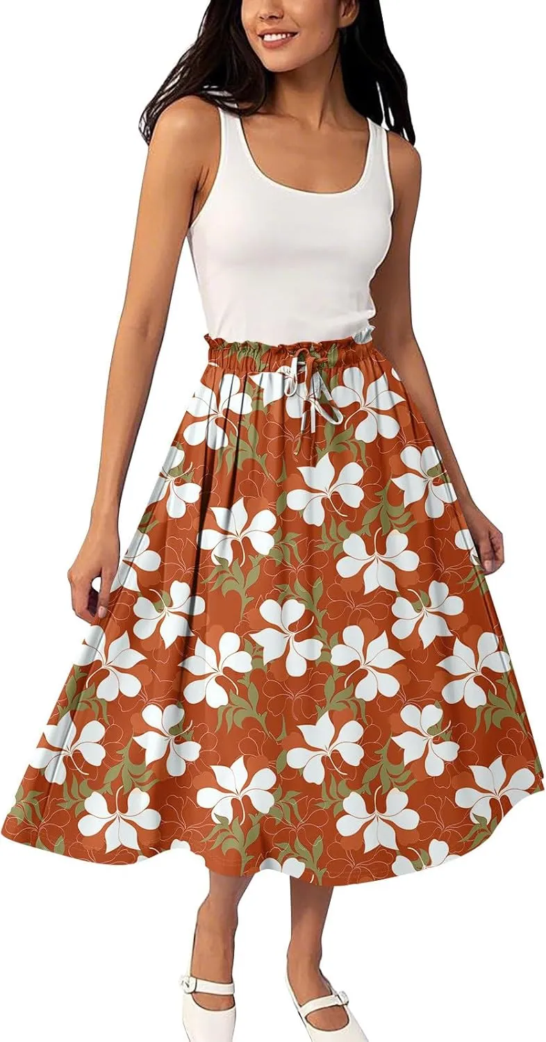 Boho Midi Skirts for Women Summer Drawstring High Waisted Knee Length Skirts A-Line Floral Print Flowy Beach Skirt