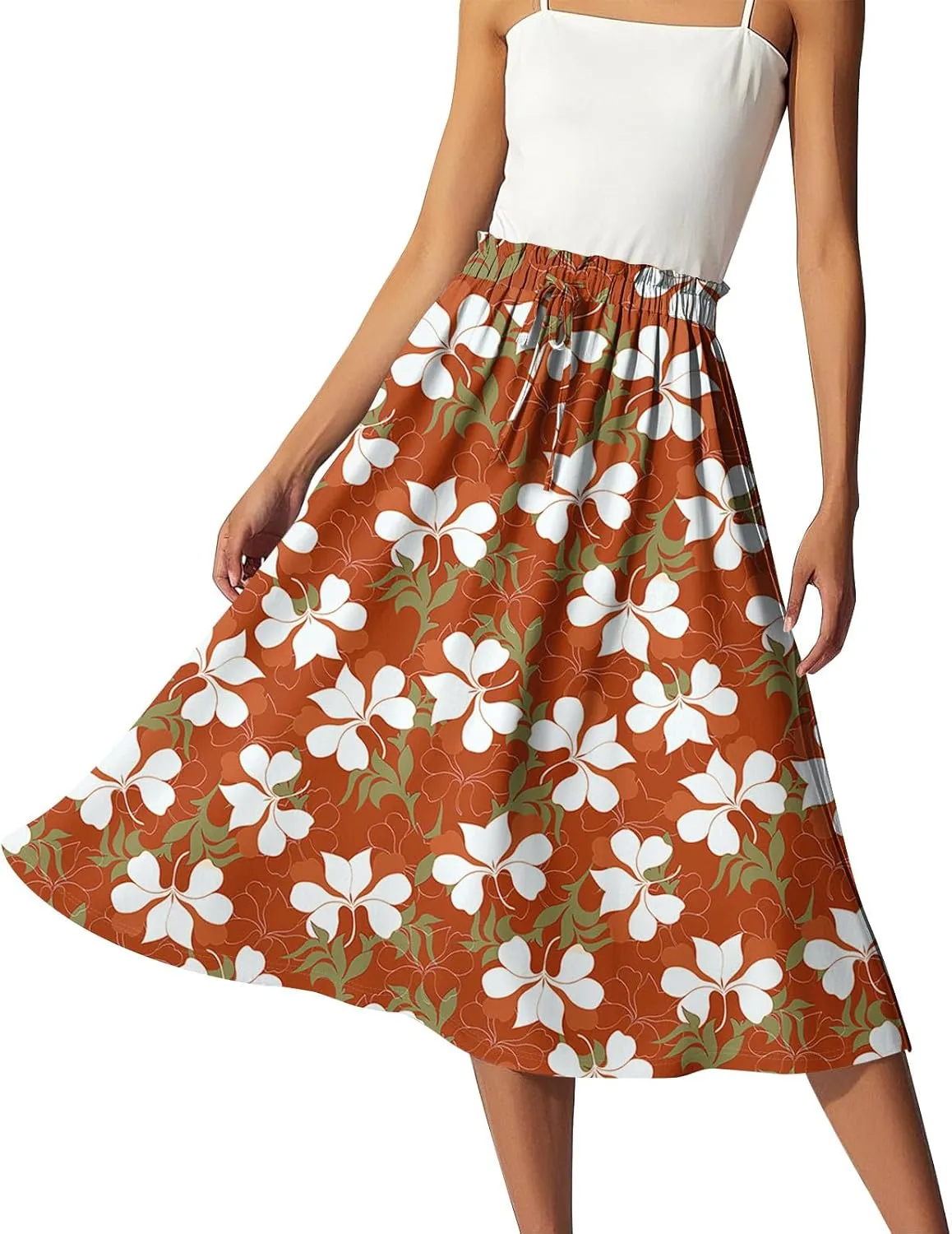 Boho Midi Skirts for Women Summer Drawstring High Waisted Knee Length Skirts A-Line Floral Print Flowy Beach Skirt