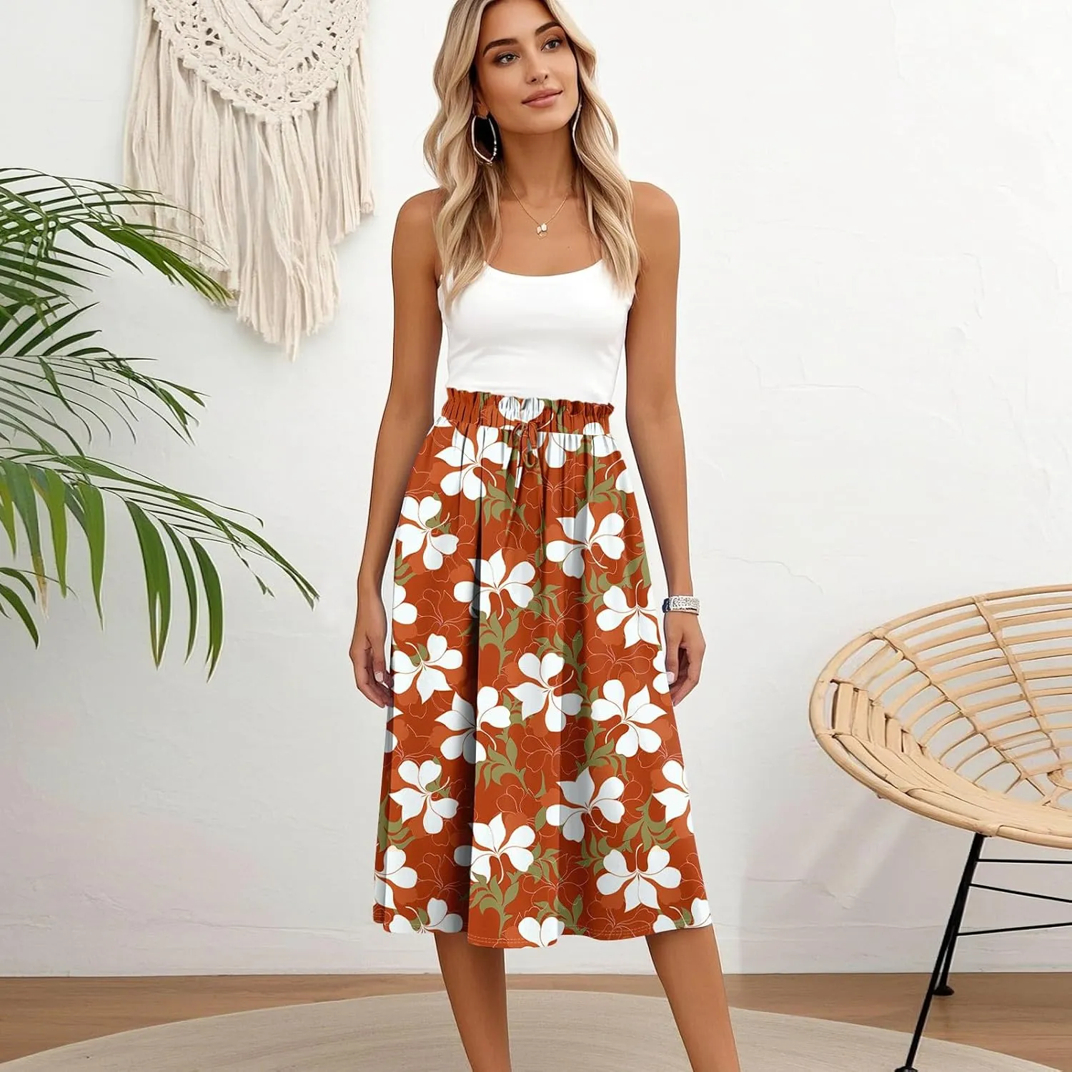 Boho Midi Skirts for Women Summer Drawstring High Waisted Knee Length Skirts A-Line Floral Print Flowy Beach Skirt