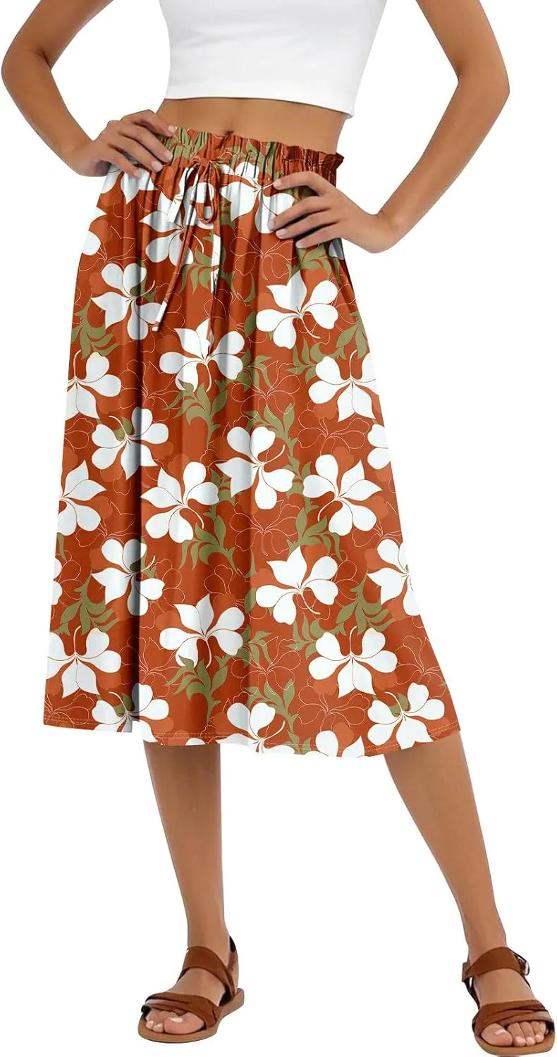 Boho Midi Skirts for Women Summer Drawstring High Waisted Knee Length Skirts A-Line Floral Print Flowy Beach Skirt
