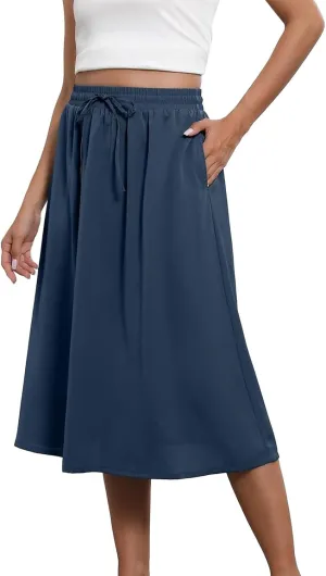 Boho Skirts for Women Lightweight Drawstring High Waisted Trendy Summer Flowy Floral Midi Skirts with Pockets