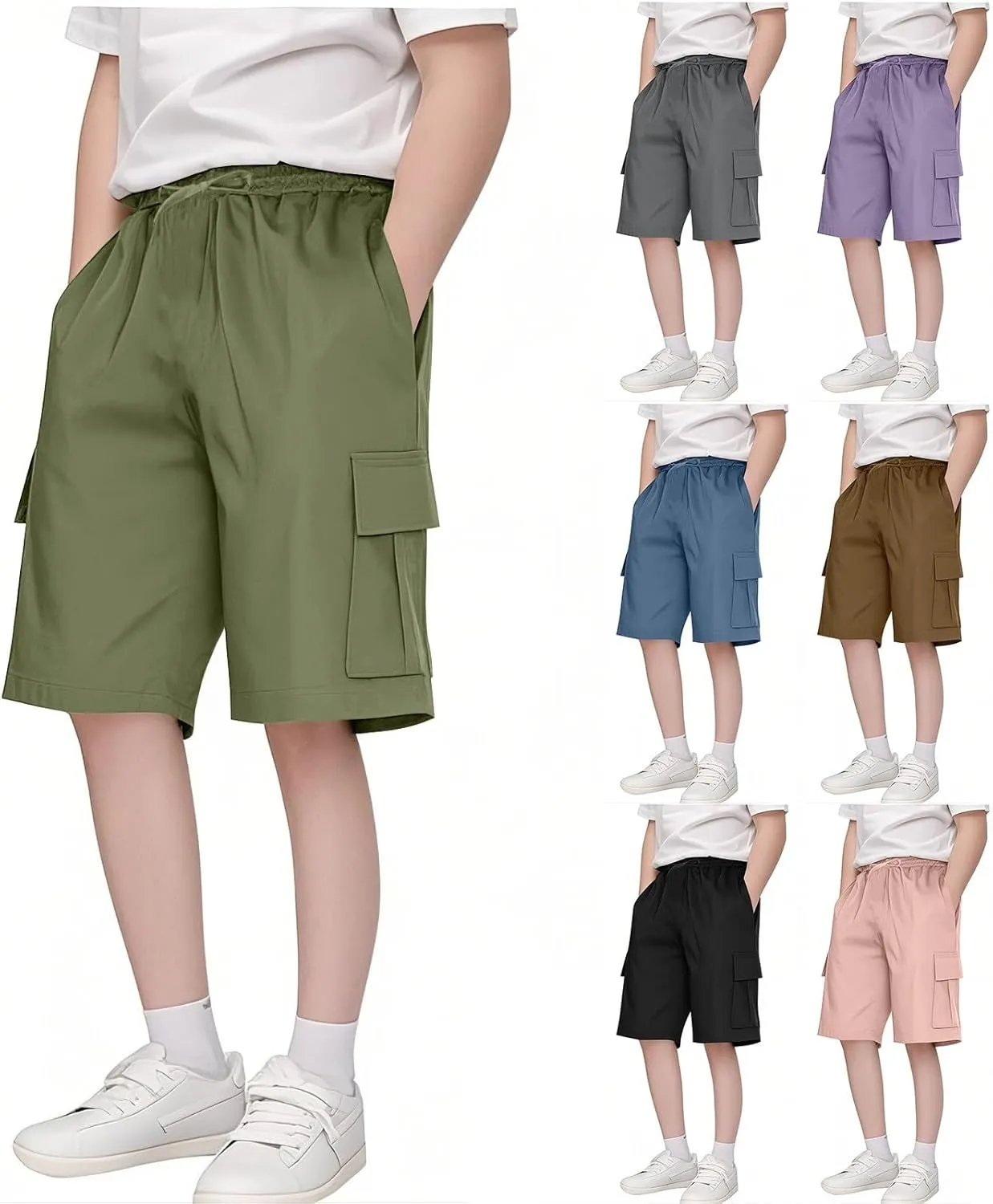 Boy's Baggy Cargo Shorts School Uniform Athletic Shorts Below Knee Quick Dry Hiking Cargo Pants for Teens Wide Leg Pants