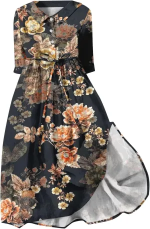 Button Down Dress for Women Plus Size Korean Style Dresses Boho Floral Lace Up Lapel Collar Short Sleeve Midi Dress