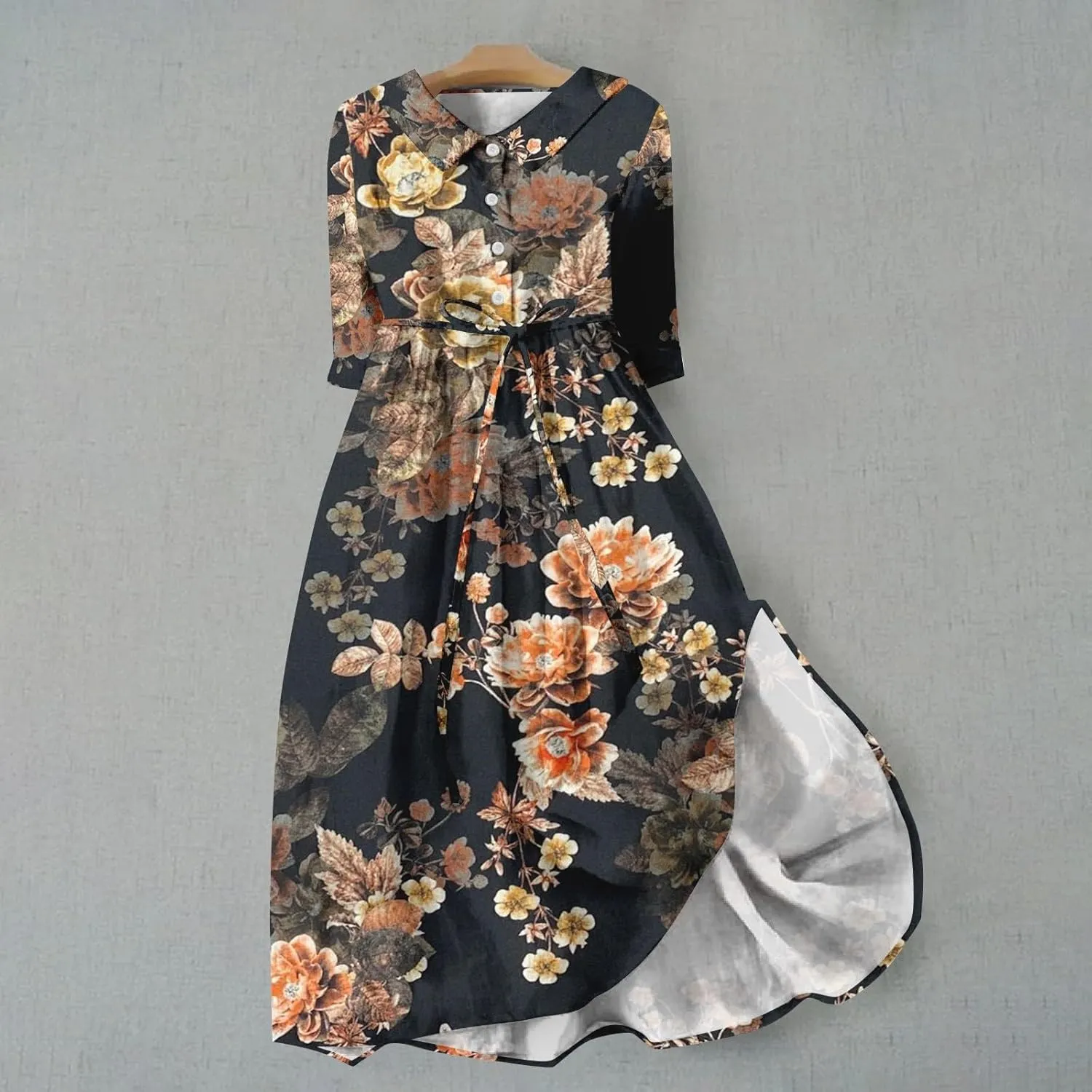 Button Down Dress for Women Plus Size Korean Style Dresses Boho Floral Lace Up Lapel Collar Short Sleeve Midi Dress