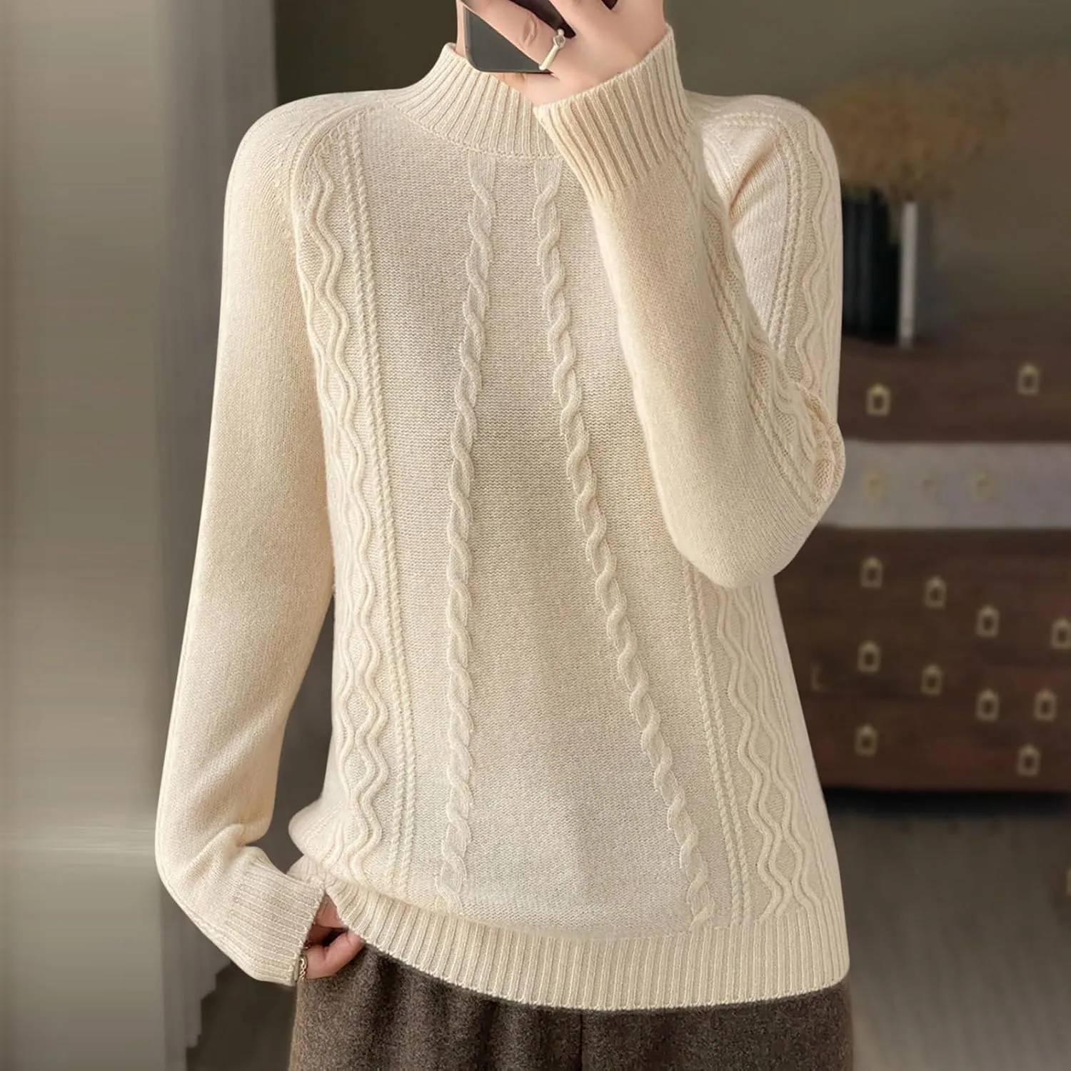 Cable Knit Sweater for Women Mock Neck Long Sleeve Knit Tops Casual Slim Fit Comfy Blouse Fashion Vintage Pullovers