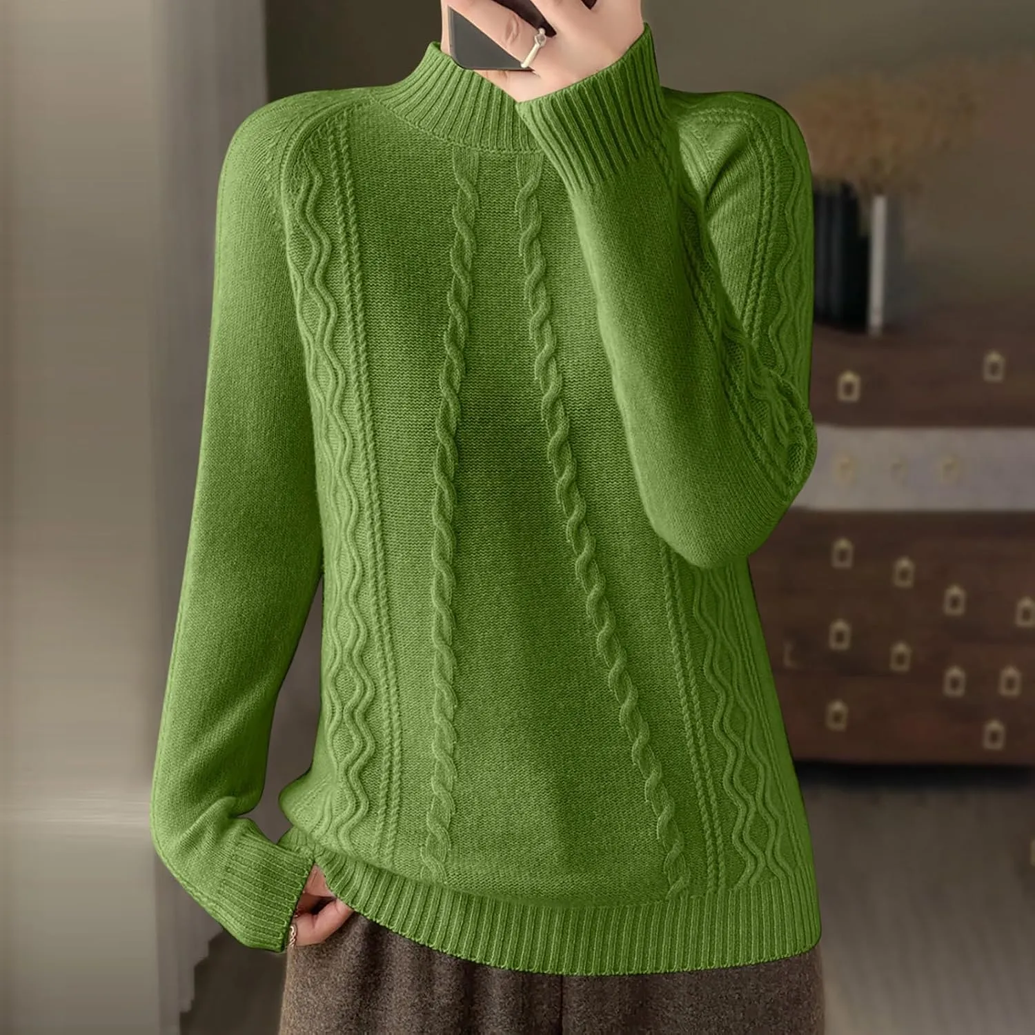 Cable Knit Sweater for Women Mock Neck Long Sleeve Knit Tops Casual Slim Fit Comfy Blouse Fashion Vintage Pullovers