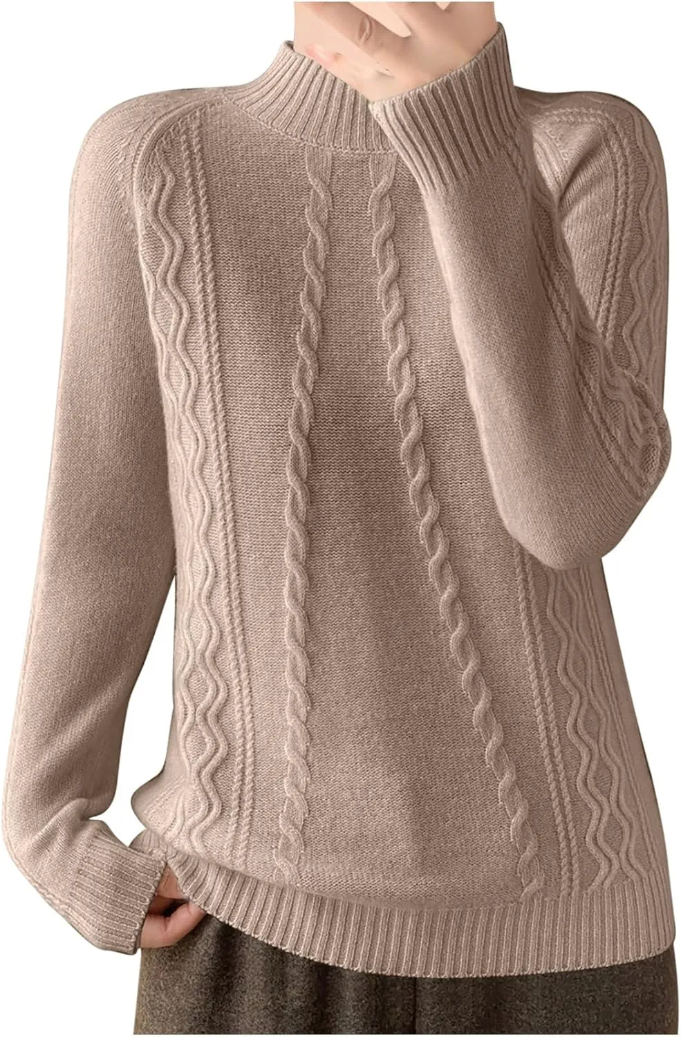 Cable Knit Sweater for Women Mock Neck Long Sleeve Knit Tops Casual Slim Fit Comfy Blouse Fashion Vintage Pullovers