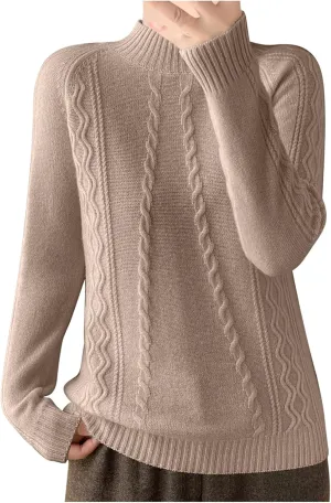Cable Knit Sweater for Women Mock Neck Long Sleeve Knit Tops Casual Slim Fit Comfy Blouse Fashion Vintage Pullovers