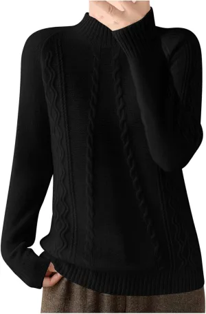 Cable Knit Sweater for Women Mock Neck Long Sleeve Knit Tops Casual Slim Fit Comfy Blouse Fashion Vintage Pullovers