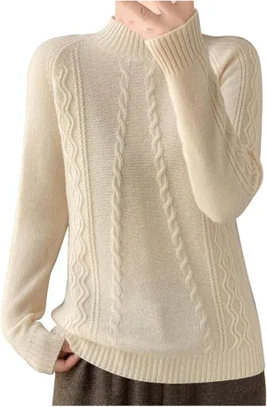 Cable Knit Sweater for Women Mock Neck Long Sleeve Knit Tops Casual Slim Fit Comfy Blouse Fashion Vintage Pullovers