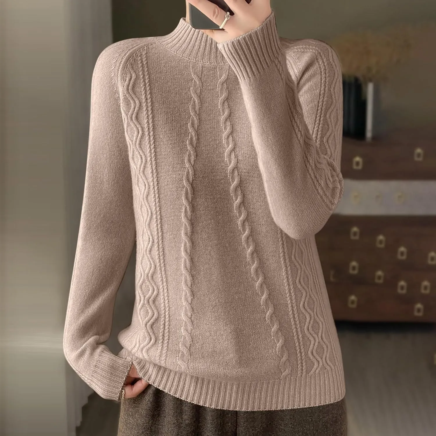 Cable Knit Sweater for Women Mock Neck Long Sleeve Knit Tops Casual Slim Fit Comfy Blouse Fashion Vintage Pullovers