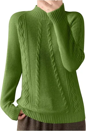 Cable Knit Sweater for Women Mock Neck Long Sleeve Knit Tops Casual Slim Fit Comfy Blouse Fashion Vintage Pullovers