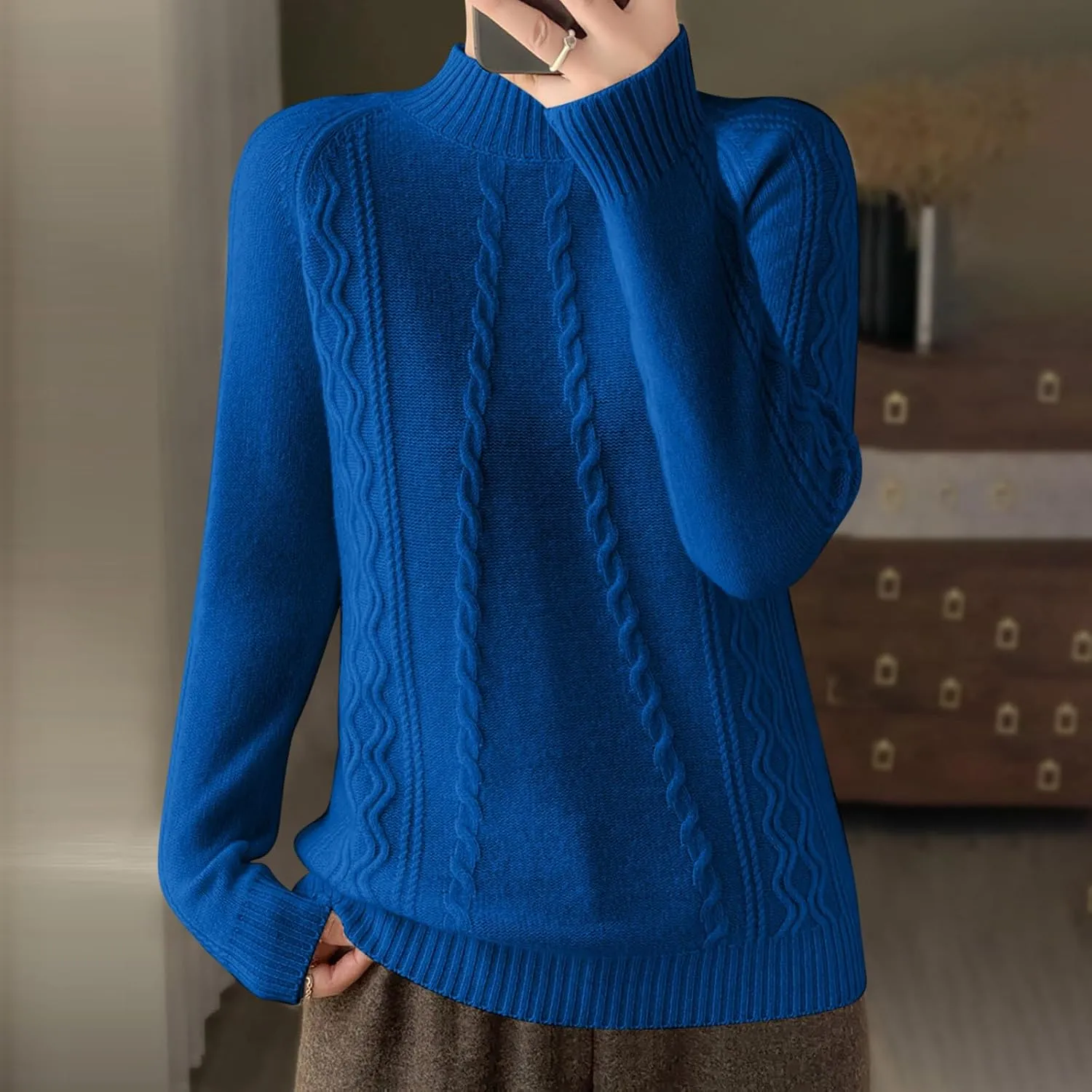 Cable Knit Sweater for Women Mock Neck Long Sleeve Knit Tops Casual Slim Fit Comfy Blouse Fashion Vintage Pullovers