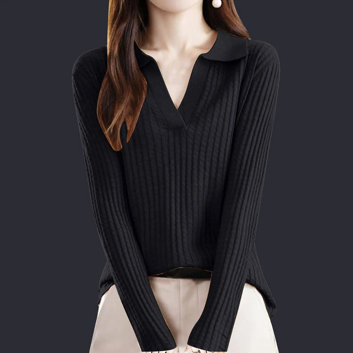 Cable Knit Sweater for Women Turn Down Collar Sweater Long Sleeve V Neck Blouse Soft Casual Top Warm Basic Tops