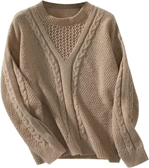 Cable Knit Sweater for Women Vintage Chunky Sweater Solid Color Woven Crewneck Knitted Pullover