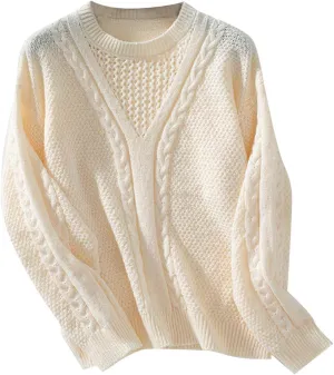 Cable Knit Sweater for Women Vintage Chunky Sweater Solid Color Woven Crewneck Knitted Pullover