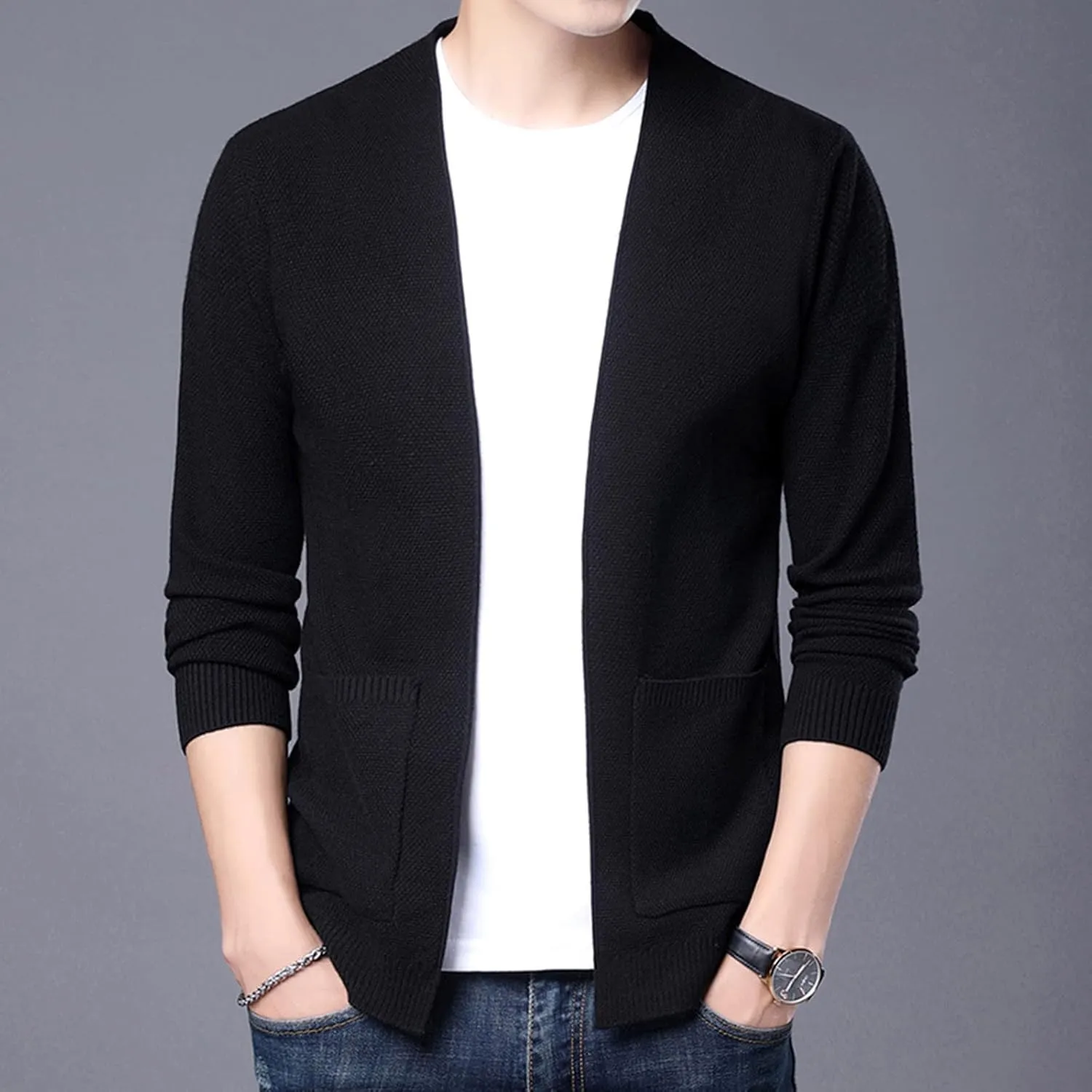 Cardigan Men, Mens Shawl Collar Cardigan Sweater Cable Knit Slim Fit Long Sleeve Winter Fisherman Casual Cardigans