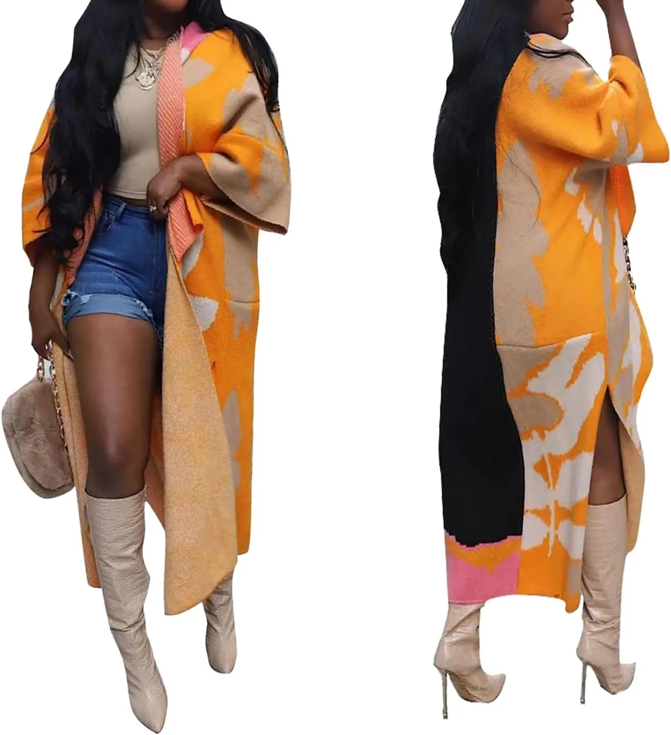 Cardigan Sweater for Women Color Block Chunky Cable Knit Coat Fall Long Cardigans Outerwear
