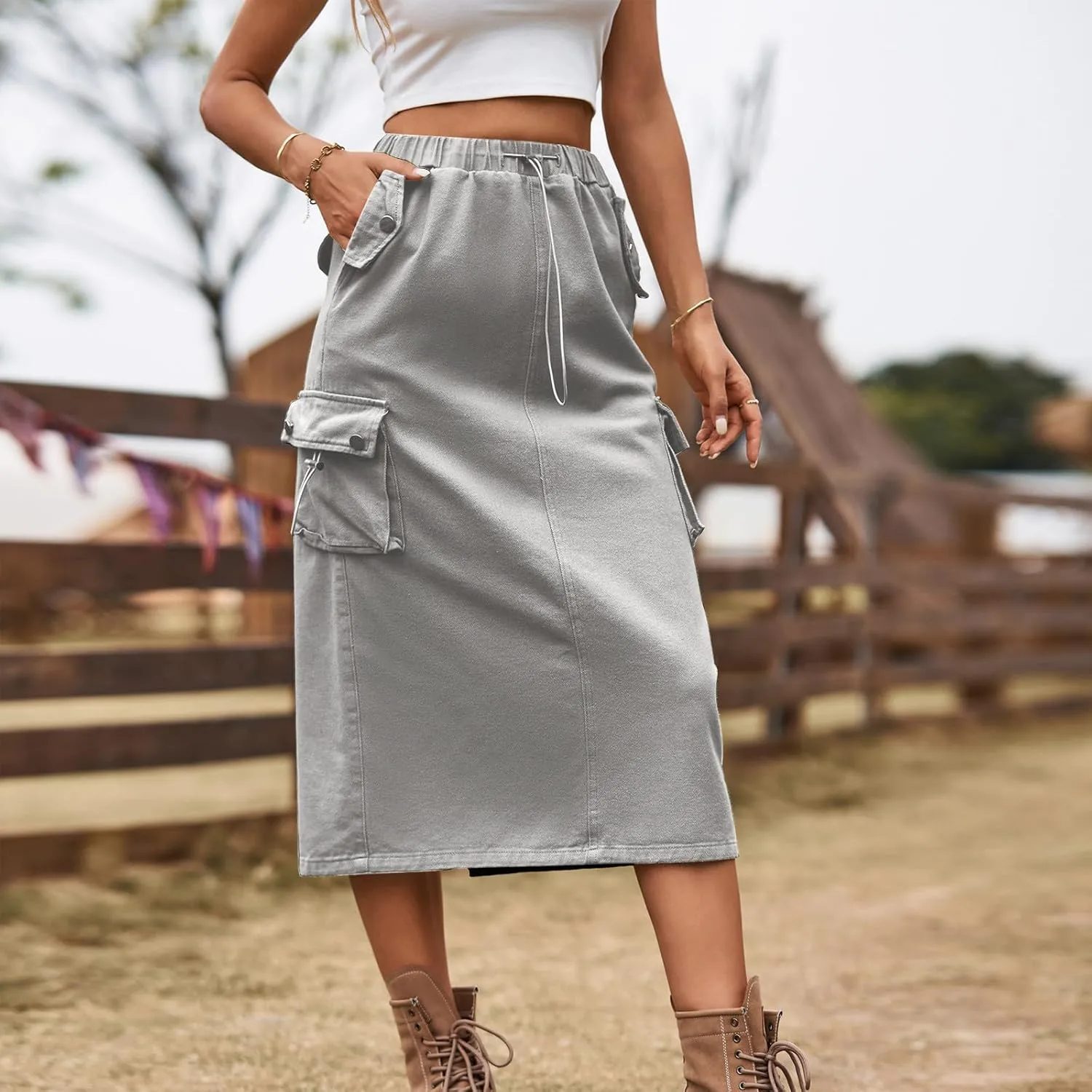 Cargo Skirts for Women Solid High Waist Drawstring Skort with Flap Pockets Casual Comfy Adjustable Knee Length Skirt
