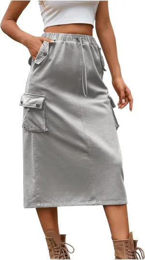 Cargo Skirts for Women Solid High Waist Drawstring Skort with Flap Pockets Casual Comfy Adjustable Knee Length Skirt