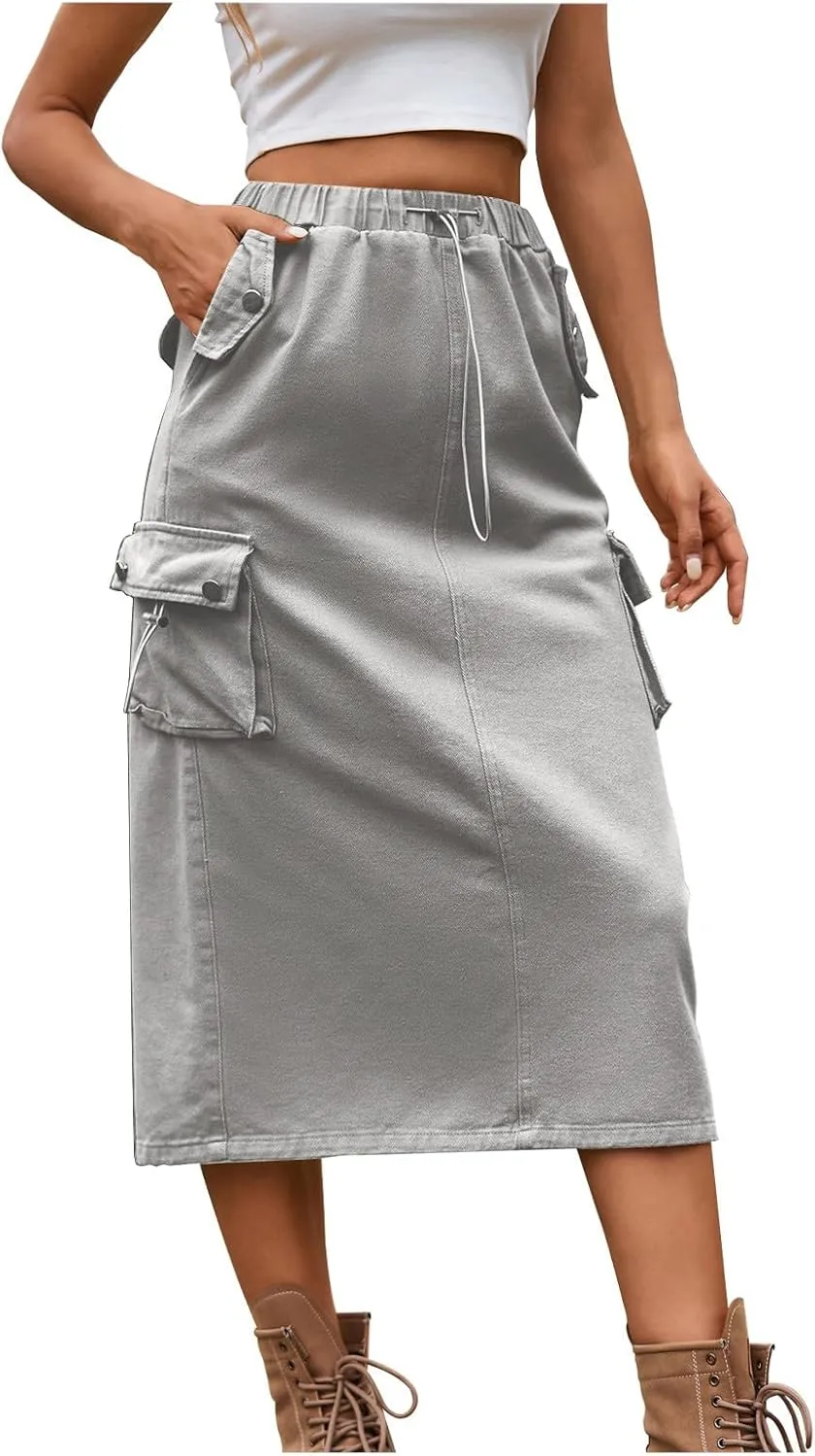 Cargo Skirts for Women Solid High Waist Drawstring Skort with Flap Pockets Casual Comfy Adjustable Knee Length Skirt