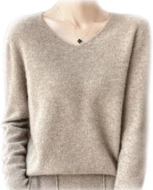 Cashmere Sweaters for Women, 100% Cashmere V Neck Long Sleeve Soft Pullover Sweater Soft Warm Cozy Lightweight Wool Knit Sweater,L,Camel