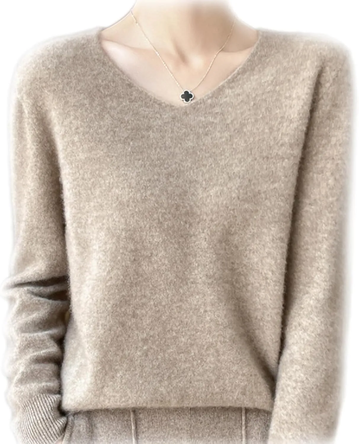 Cashmere Sweaters for Women, 100% Cashmere V Neck Long Sleeve Soft Pullover Sweater Soft Warm Cozy Lightweight Wool Knit Sweater,L,Camel