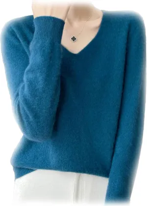 Cashmere Sweaters for Women, 100% Cashmere V Neck Long Sleeve Soft Pullover Sweater Soft Warm Cozy Lightweight Wool Knit Sweater,M,Seaweed Blue
