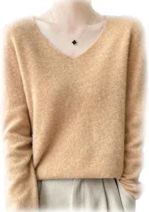 Cashmere Sweaters for Women, 100% Cashmere V Neck Long Sleeve Soft Pullover Sweater Soft Warm Cozy Lightweight Wool Knit Sweater,S,Golden Camel