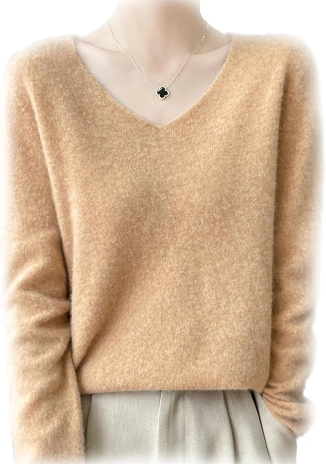 Cashmere Sweaters for Women, 100% Cashmere V Neck Long Sleeve Soft Pullover Sweater Soft Warm Cozy Lightweight Wool Knit Sweater,S,Golden Camel
