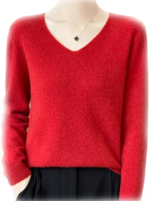 Cashmere Sweaters for Women, 100% Cashmere V Neck Long Sleeve Soft Pullover Sweater Soft Warm Cozy Lightweight Wool Knit Sweater,S,red