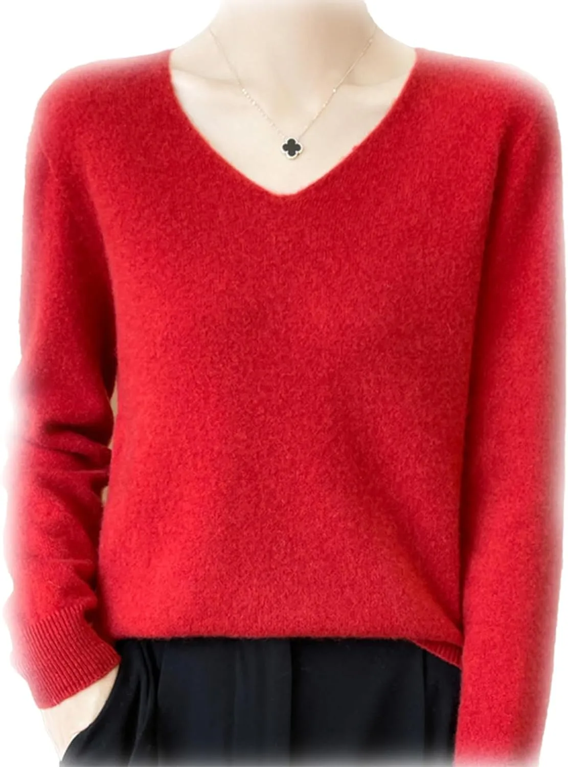 Cashmere Sweaters for Women, 100% Cashmere V Neck Long Sleeve Soft Pullover Sweater Soft Warm Cozy Lightweight Wool Knit Sweater,S,red