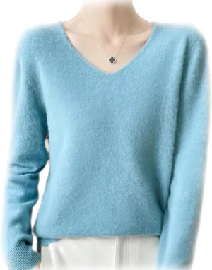 Cashmere Sweaters for Women, 100% Cashmere V Neck Long Sleeve Soft Pullover Sweater Soft Warm Cozy Lightweight Wool Knit Sweater,S,Sky Blue