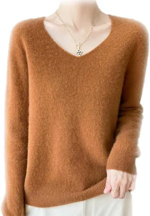 Cashmere Sweaters for Women, 100% Cashmere V Neck Long Sleeve Soft Pullover Sweater Soft Warm Cozy Lightweight Wool Knit Sweater,XL,Caramel