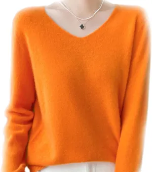 Cashmere Sweaters for Women, 100% Cashmere V Neck Long Sleeve Soft Pullover Sweater Soft Warm Cozy Lightweight Wool Knit Sweater,XL,Orange