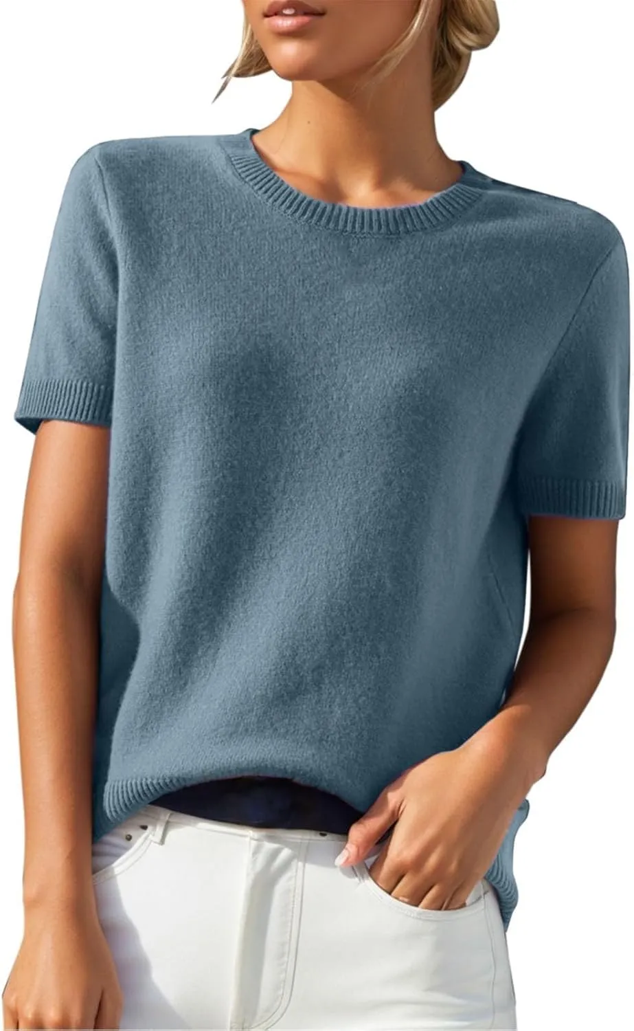 Cashmere Sweaters for Women 2025 Trendy Casual Crew Neck Loose Fit Short Sleeve Sweater Cashmere Blend