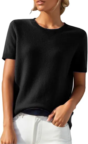 Cashmere Sweaters for Women 2025 Trendy Casual Crew Neck Loose Fit Short Sleeve Sweater Cashmere Blend