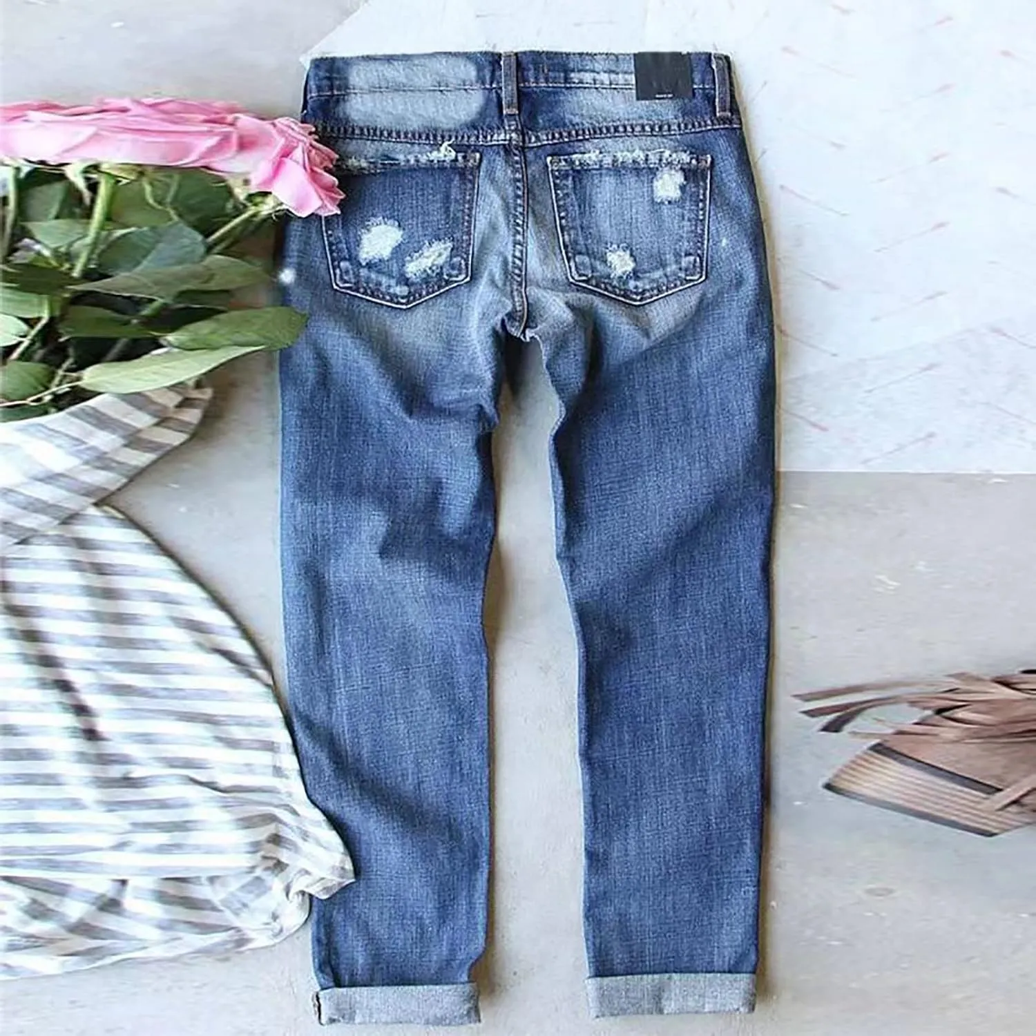 Casual Baggy Jean Trousers Mid Denim Jeans Lace Poket Waisted Pants Trousers Up Womens Women's Classic Tapered