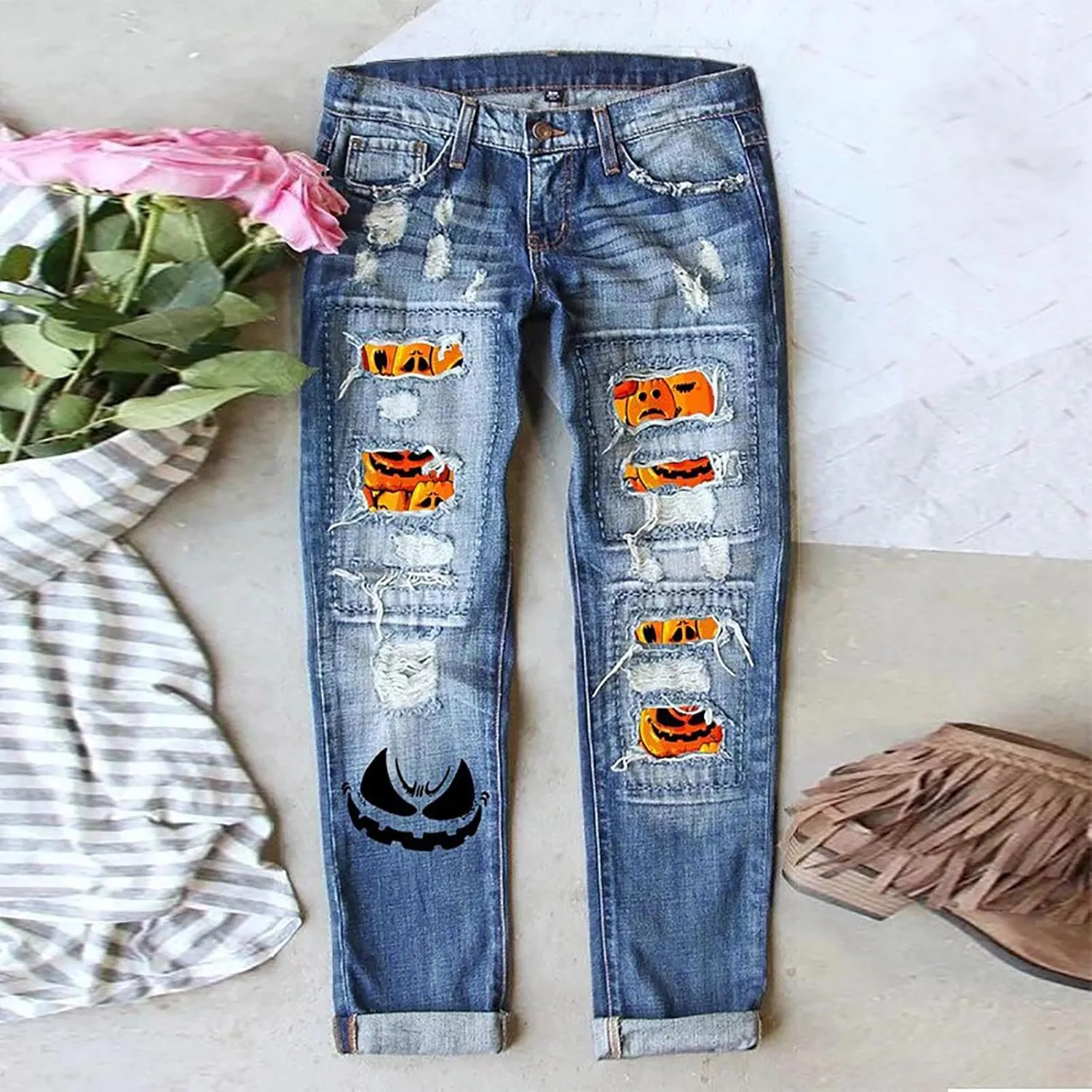 Casual Baggy Jean Trousers Mid Denim Jeans Lace Poket Waisted Pants Trousers Up Womens Women's Classic Tapered