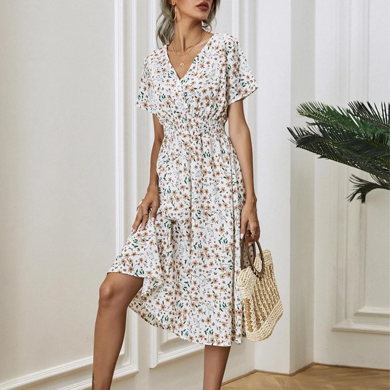 Casual Dresses for Women Summer Floral High Waist Beach Sundress Trendy V Neck Short Sleeve Knee Length A Line Dress