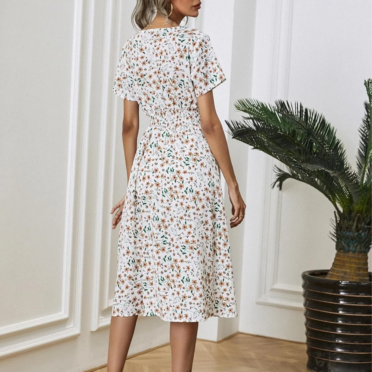 Casual Dresses for Women Summer Floral High Waist Beach Sundress Trendy V Neck Short Sleeve Knee Length A Line Dress