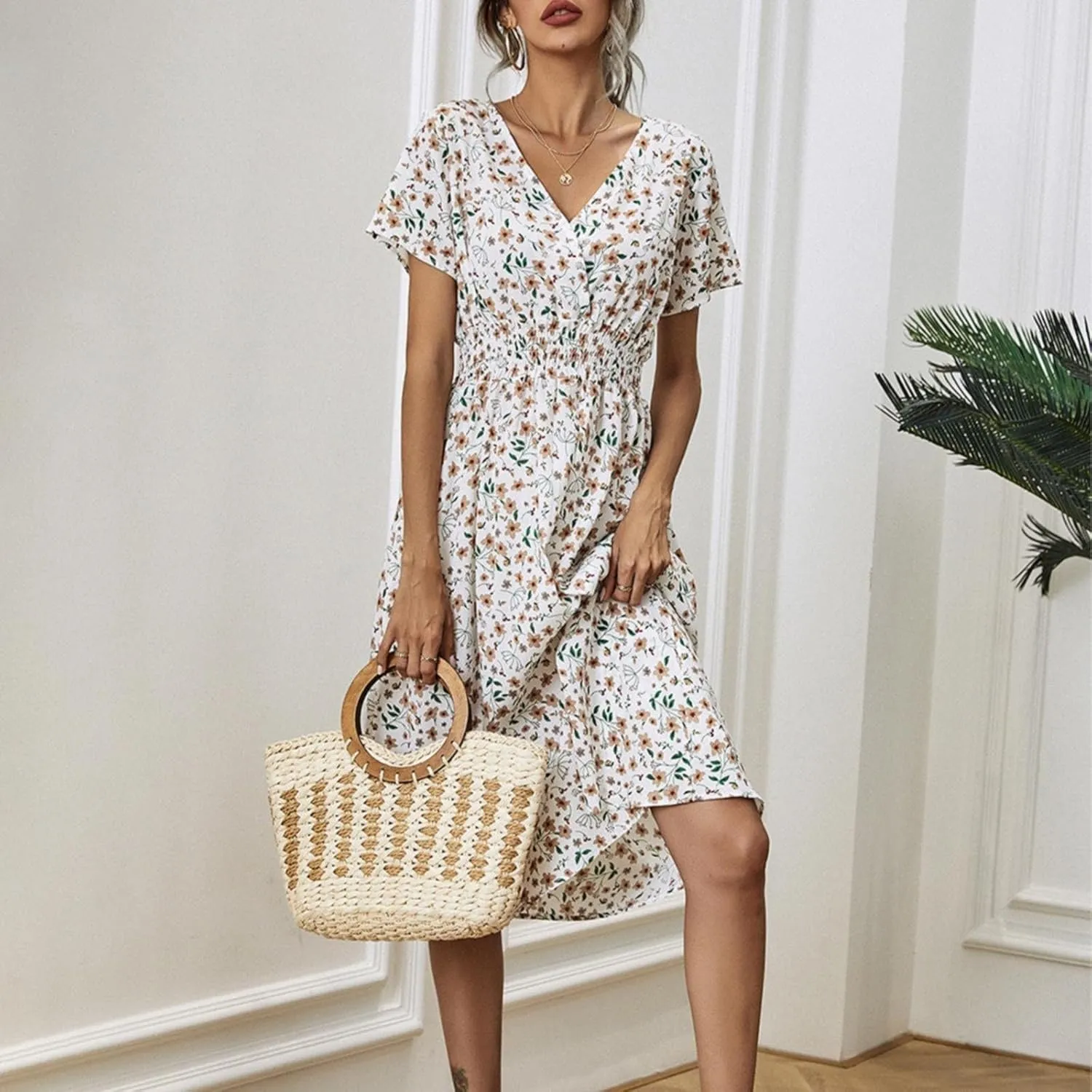Casual Dresses for Women Summer Floral High Waist Beach Sundress Trendy V Neck Short Sleeve Knee Length A Line Dress