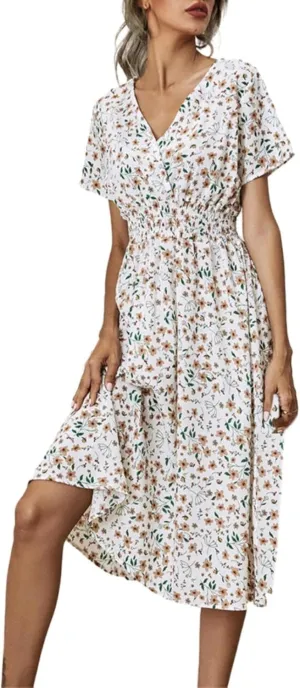Casual Dresses for Women Summer Floral High Waist Beach Sundress Trendy V Neck Short Sleeve Knee Length A Line Dress