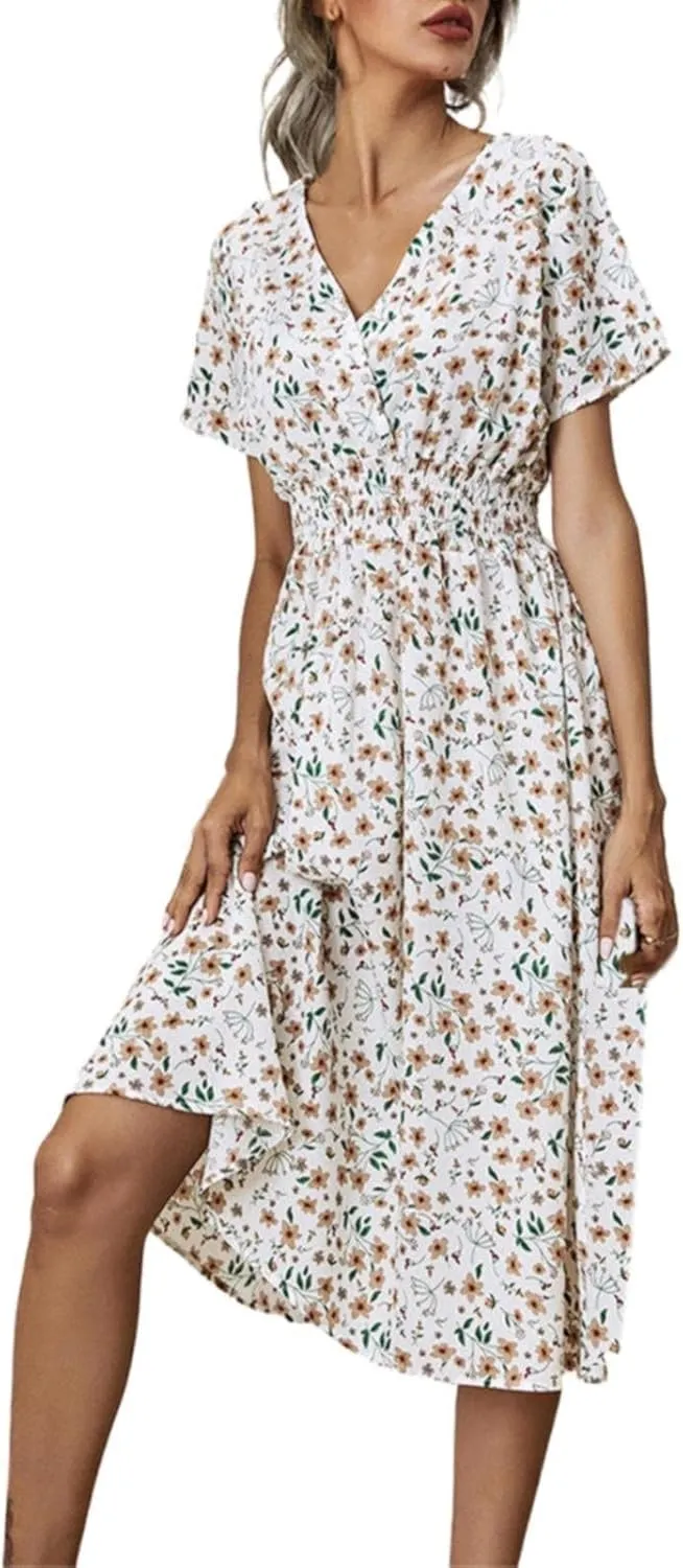 Casual Dresses for Women Summer Floral High Waist Beach Sundress Trendy V Neck Short Sleeve Knee Length A Line Dress