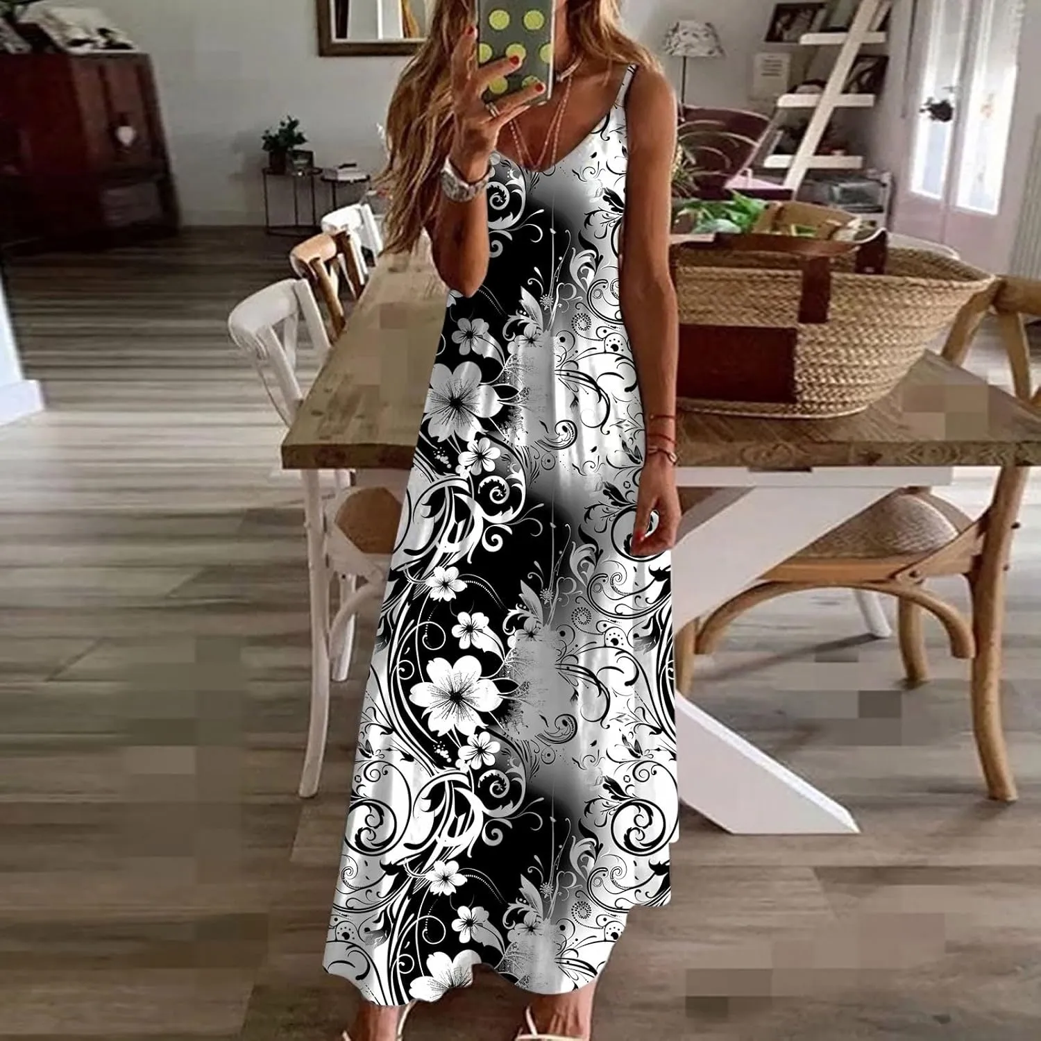 Ceboyel Women Floral Spaghetti Strap Sundress Casual Summer Long Maxi Dress Vneck Sexy Boho Dresses Trendy Beach Clothes 2024