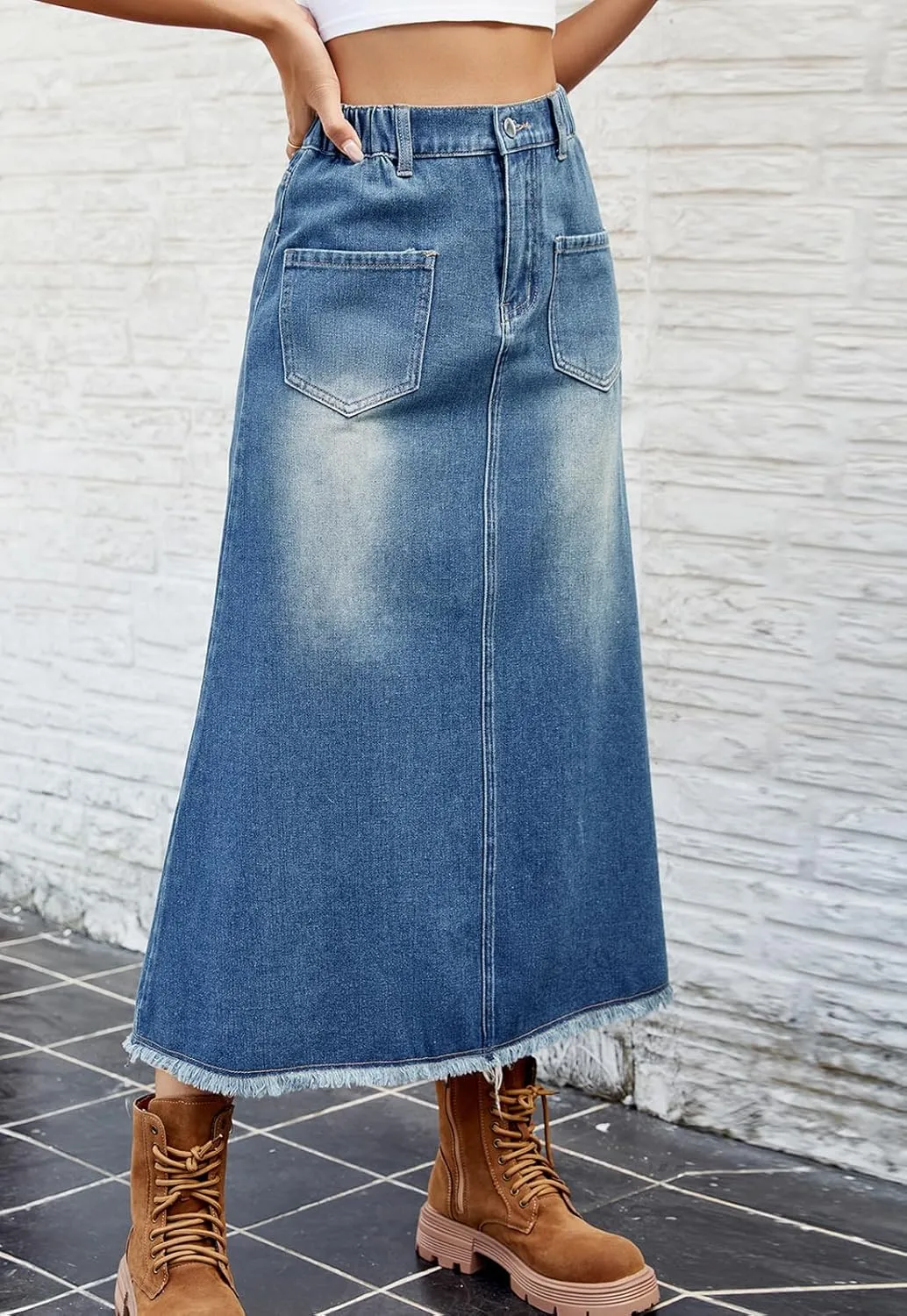 CHARTOU Women Casual Jean Skirt Y2k Ripped Mid Long Denim Midi Skirt Distressed Frayed A Line Skirt Pockets