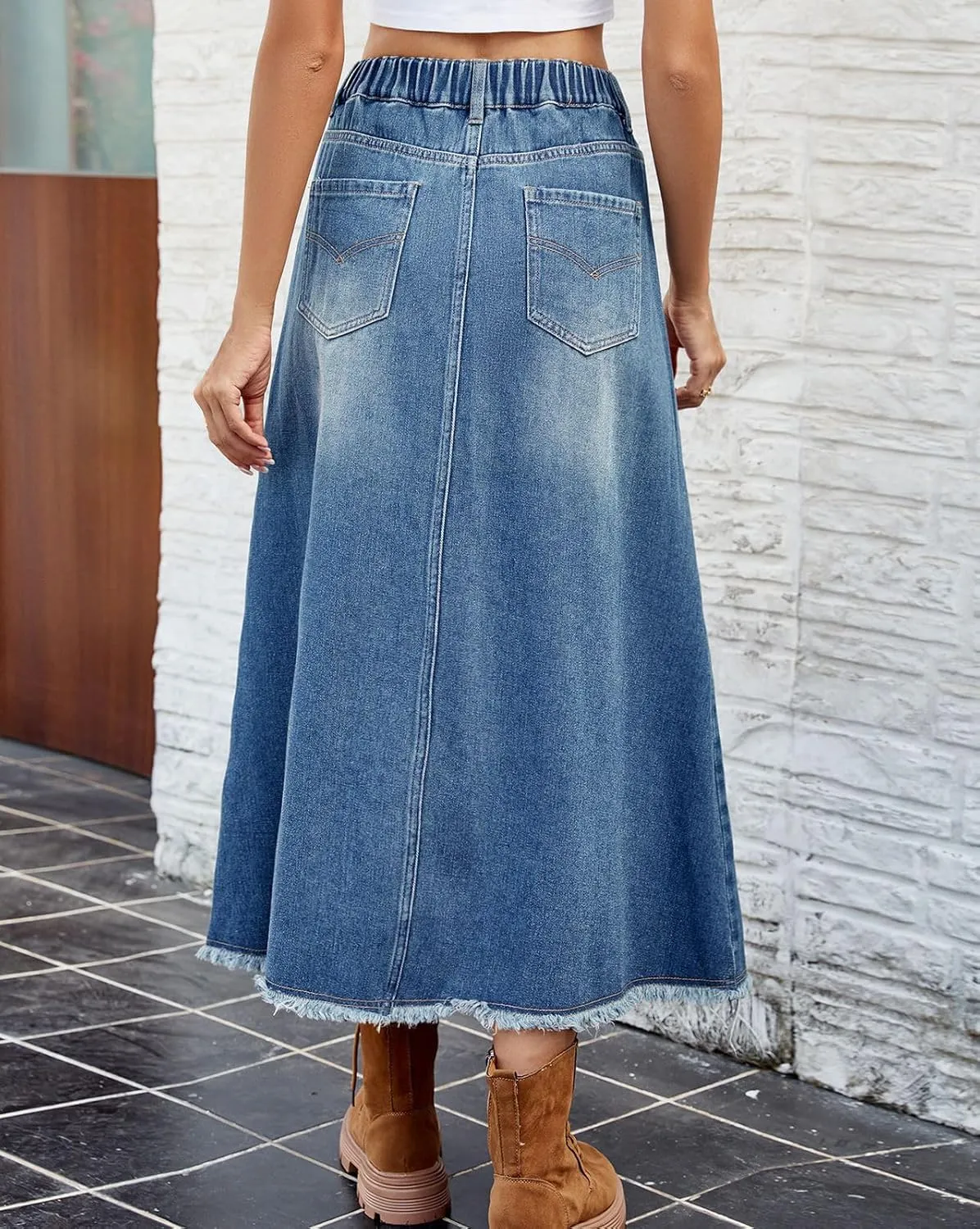 CHARTOU Women Casual Jean Skirt Y2k Ripped Mid Long Denim Midi Skirt Distressed Frayed A Line Skirt Pockets