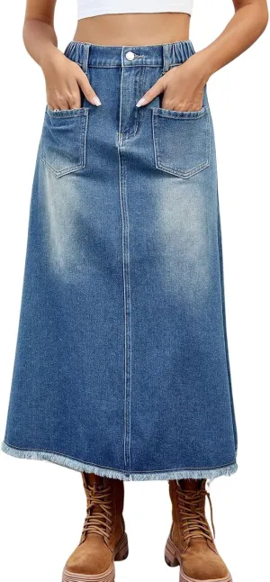 CHARTOU Women Casual Jean Skirt Y2k Ripped Mid Long Denim Midi Skirt Distressed Frayed A Line Skirt Pockets